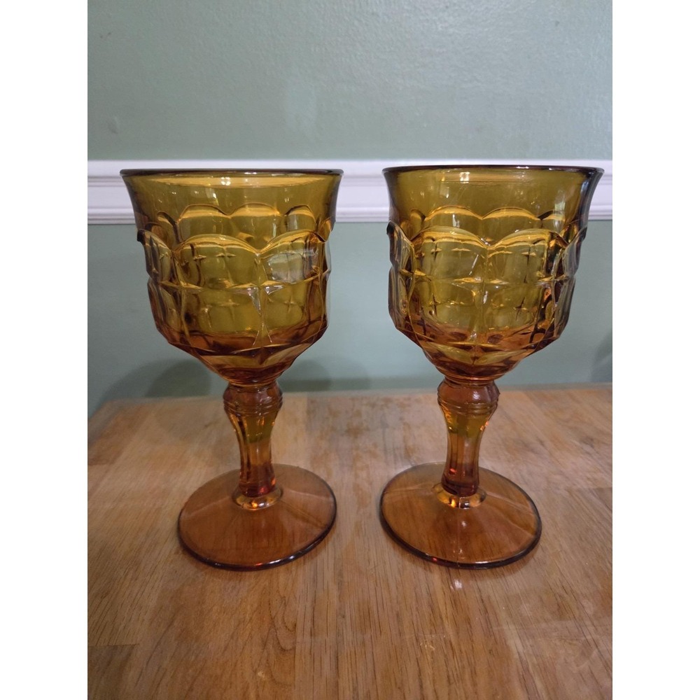 Set of 2 VINTAGE Indiana Tiara Constellation Amber Glass Goblet 3½" x 7¼"
